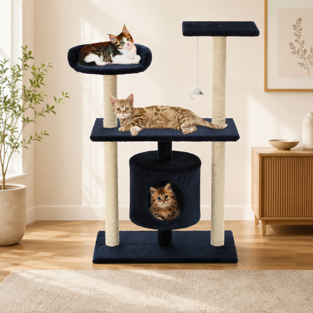 Petit arbre à chat 95 cm avec niche, panier et plateformes – Bleu foncé