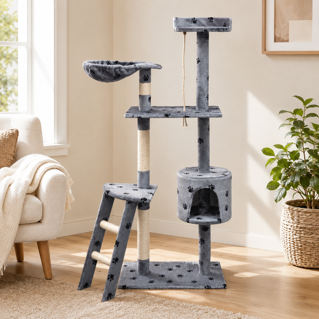 Arbre à chat 150 cm avec niche, panier et plateformes – Gris