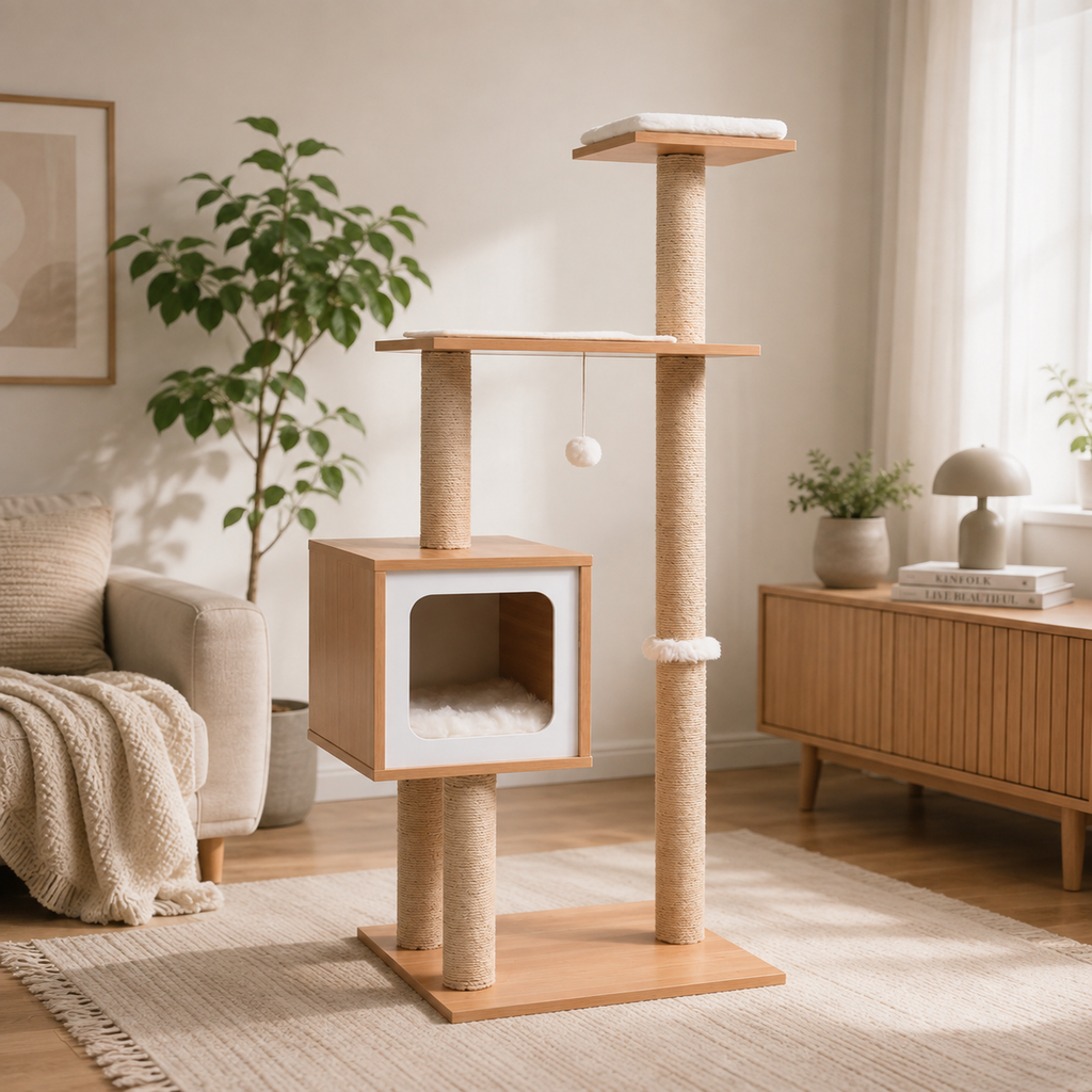 Arbre à chat 123 cm en bois avec niche et plateformes – Marron